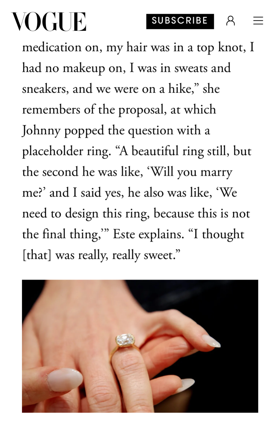 Text from Vogue magazine about a proposal with a Genevieve Schwartz cushion cut bespoke engagement ring, featuring a close-up of Este Haim's  hands wearing an engagement ring.