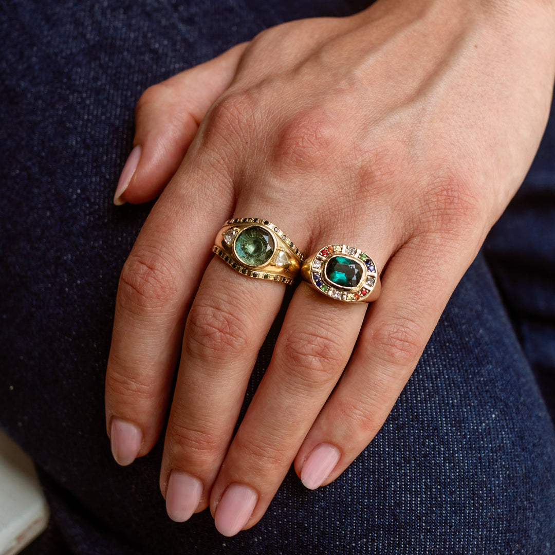 Sunray Halo Signet Ring - Indicolite Tourmaline with Rainbow Surround