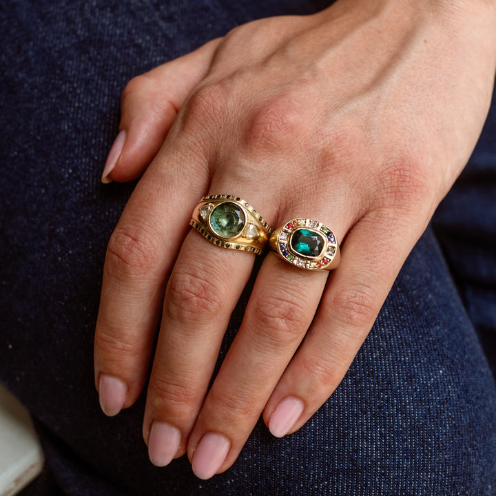Sunray Halo Signet Ring - Indicolite Tourmaline with Rainbow Surround