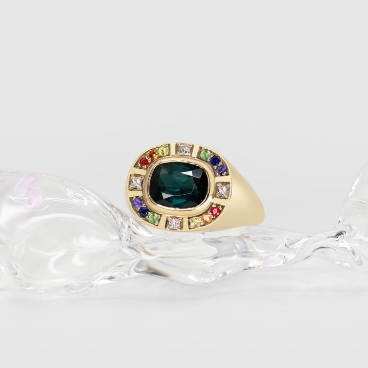 Sunray Halo Signet Ring - Indicolite Tourmaline with Rainbow Surround