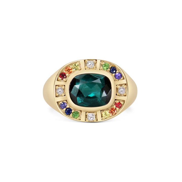 Sunray Halo Signet Ring - Indicolite Tourmaline with Rainbow Surround