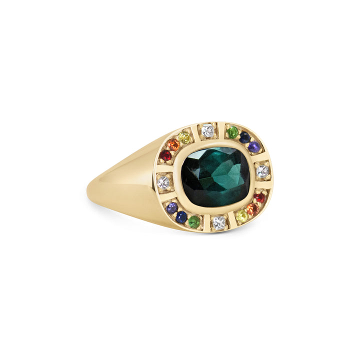 Sunray Halo Signet Ring - Indicolite Tourmaline with Rainbow Surround