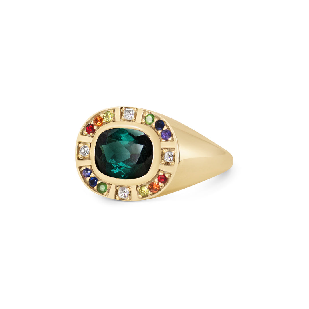 Sunray Halo Signet Ring - Indicolite Tourmaline with Rainbow Surround
