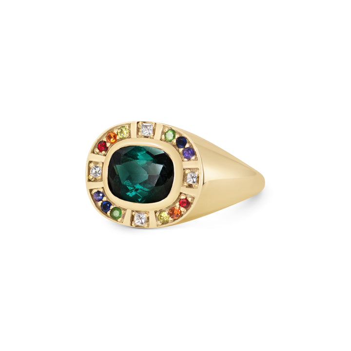 Sunray Halo Signet Ring - Indicolite Tourmaline with Rainbow Surround
