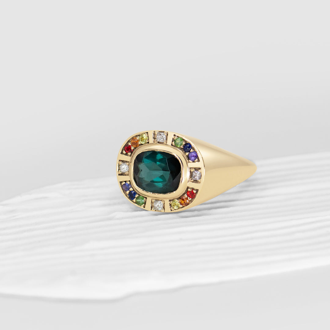 Sunray Halo Signet Ring - Indicolite Tourmaline with Rainbow Surround