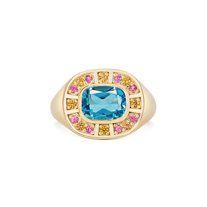 Sunray Halo Signet Ring - Swiss Blue Topaz with Blush Surround