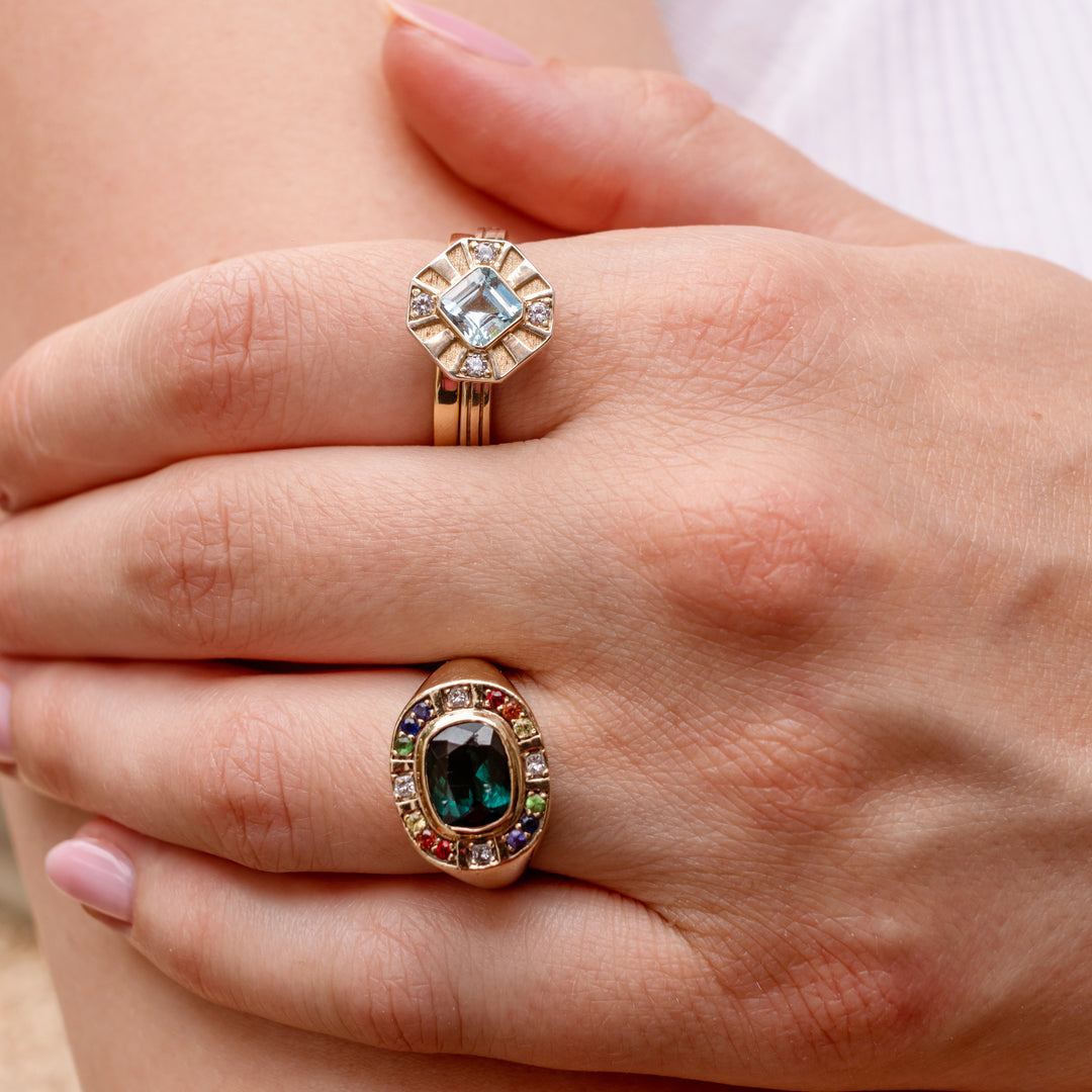 Sunray Halo Signet Ring - Indicolite Tourmaline with Rainbow Surround