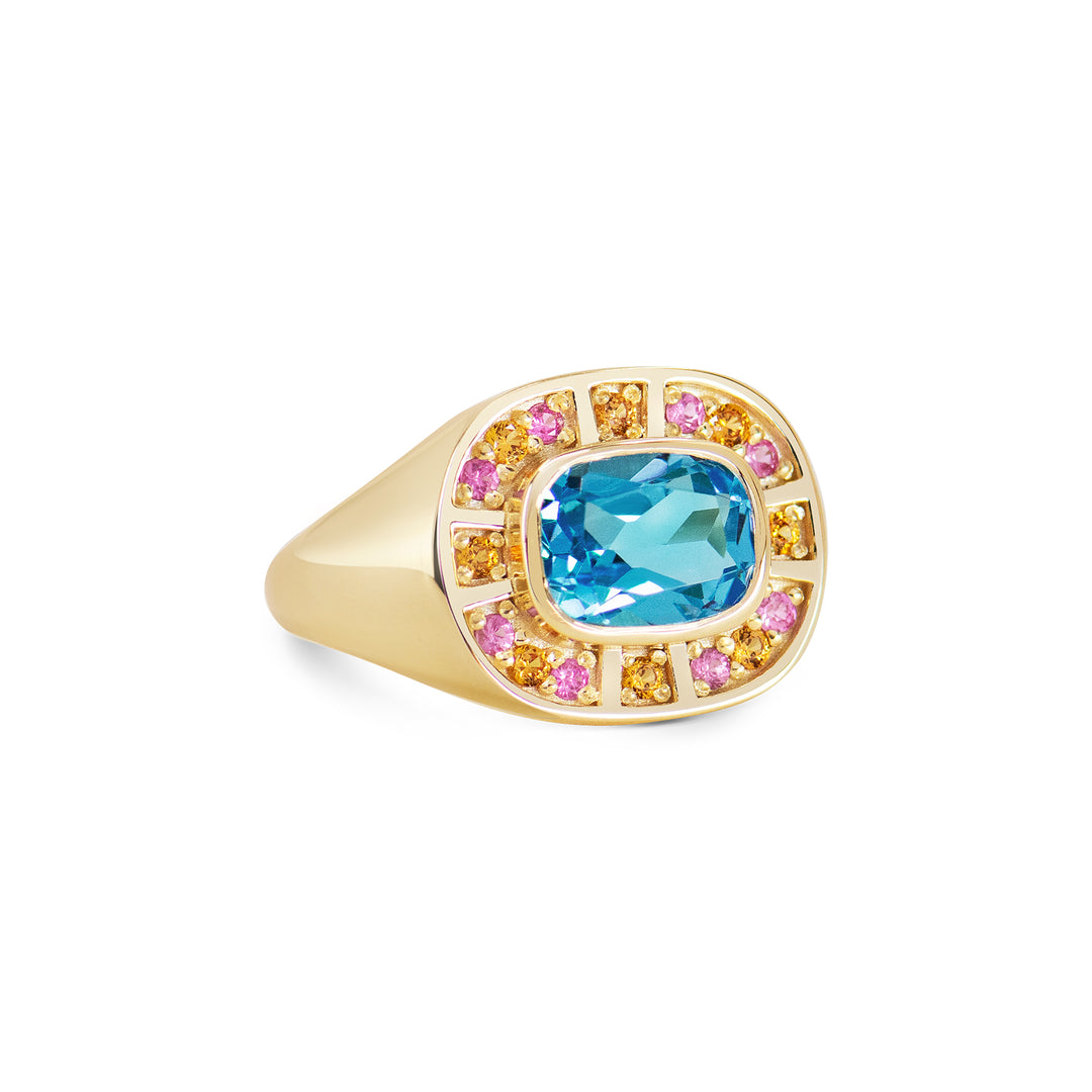 Sunray Halo Signet Ring - Swiss Blue Topaz with Blush Surround