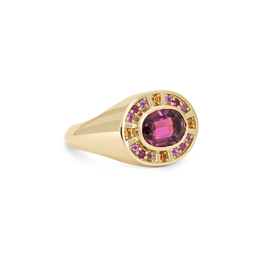 Sunray Halo Signet Ring - Pink Tourmaline with Sapphire Surround