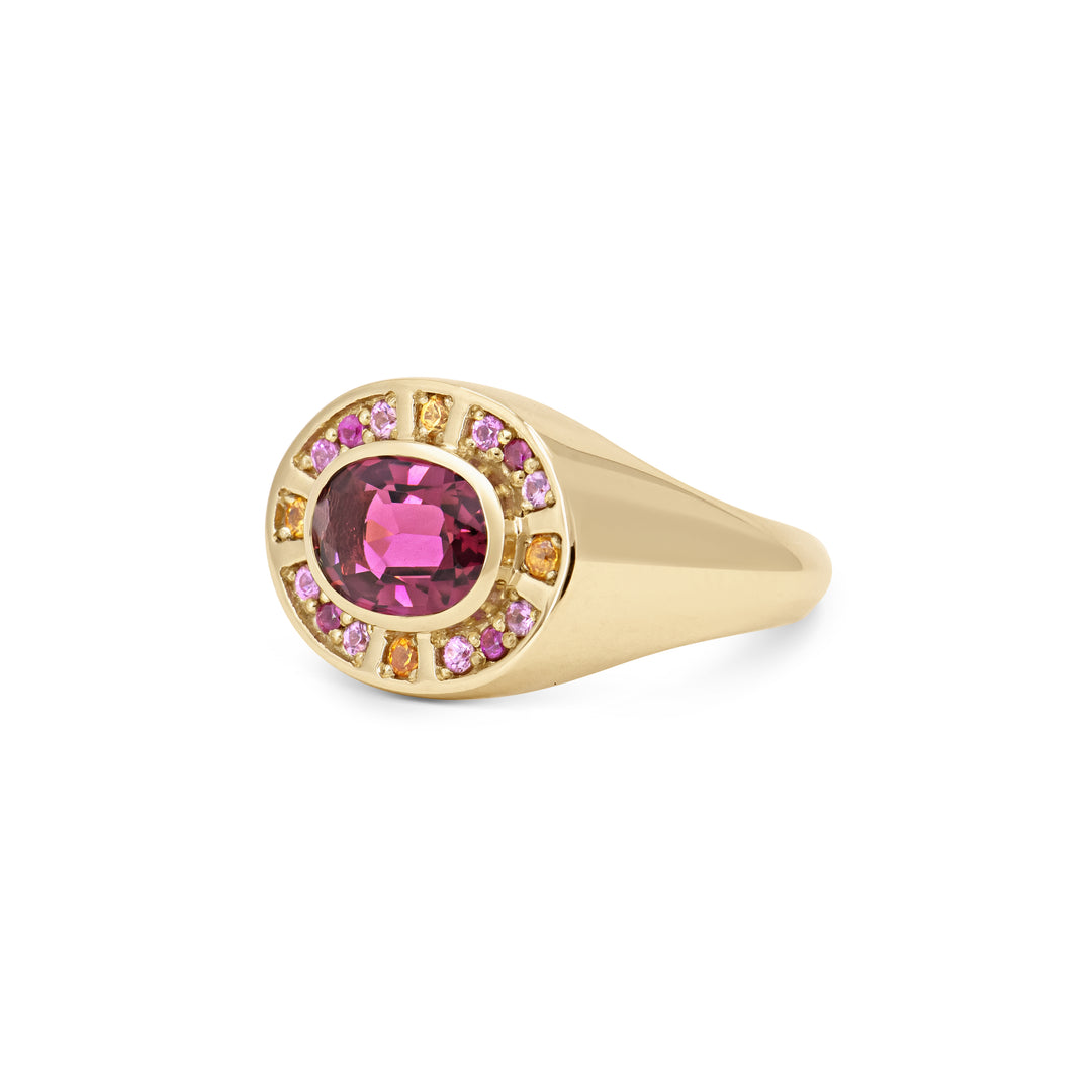 Sunray Halo Signet Ring - Pink Tourmaline with Sapphire Surround