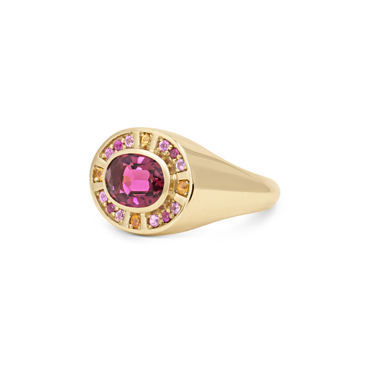 Sunray Halo Signet Ring - Pink Tourmaline with Sapphire Surround