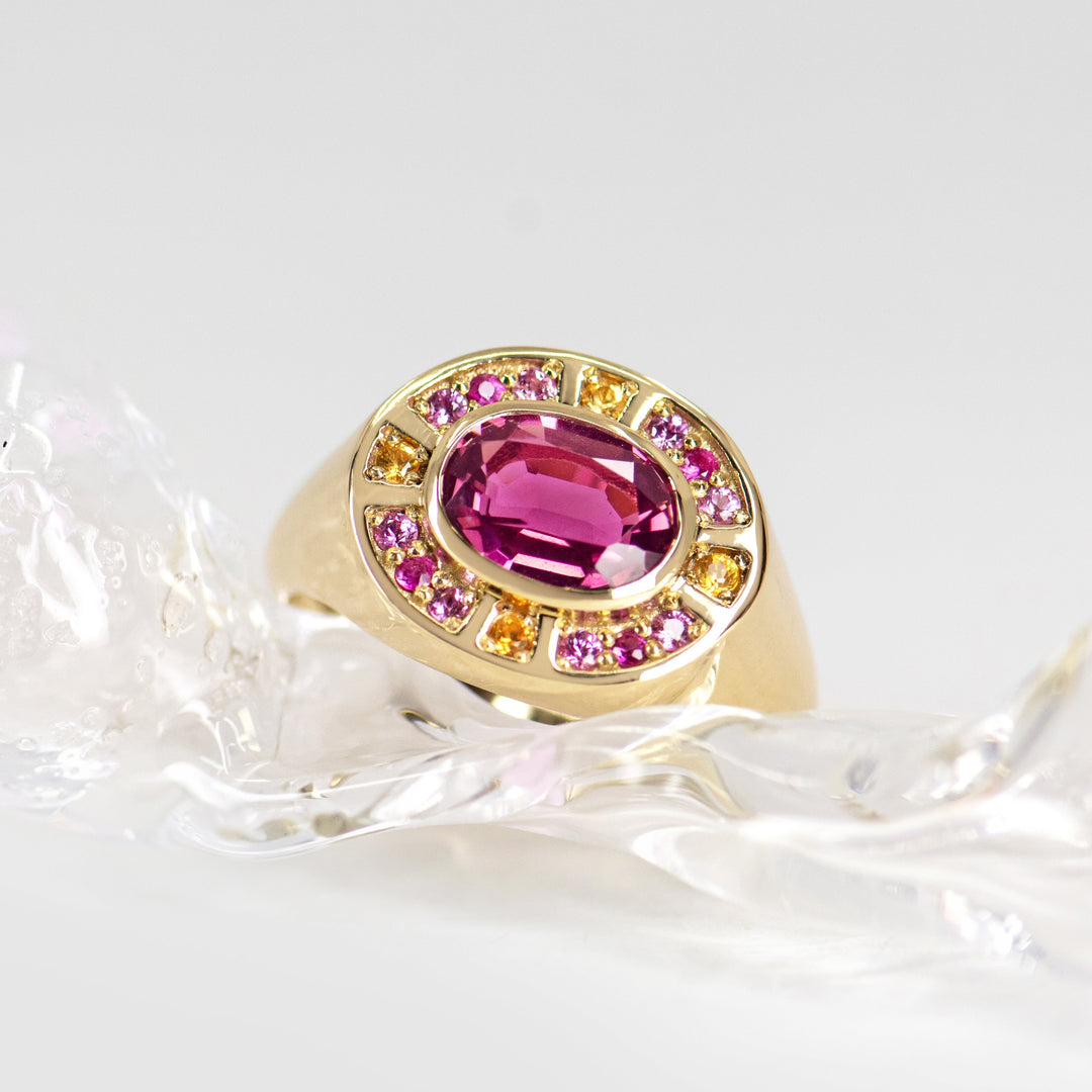 Sunray Halo Signet Ring - Pink Tourmaline with Sapphire Surround