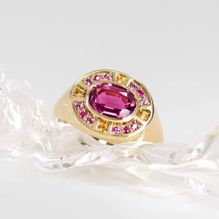 Sunray Halo Signet Ring - Pink Tourmaline with Sapphire Surround