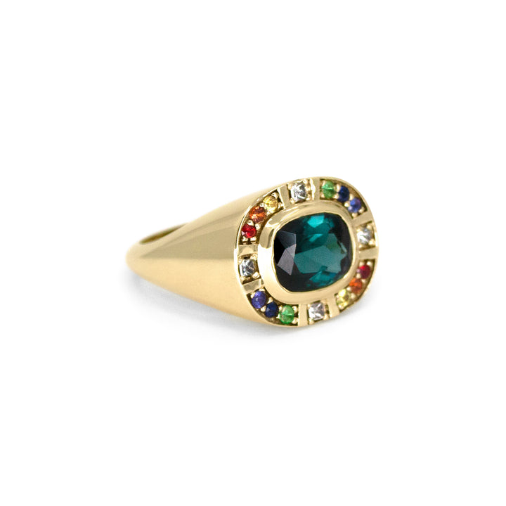 Sunray Halo Signet Ring - Indicolite Tourmaline with Rainbow Surround