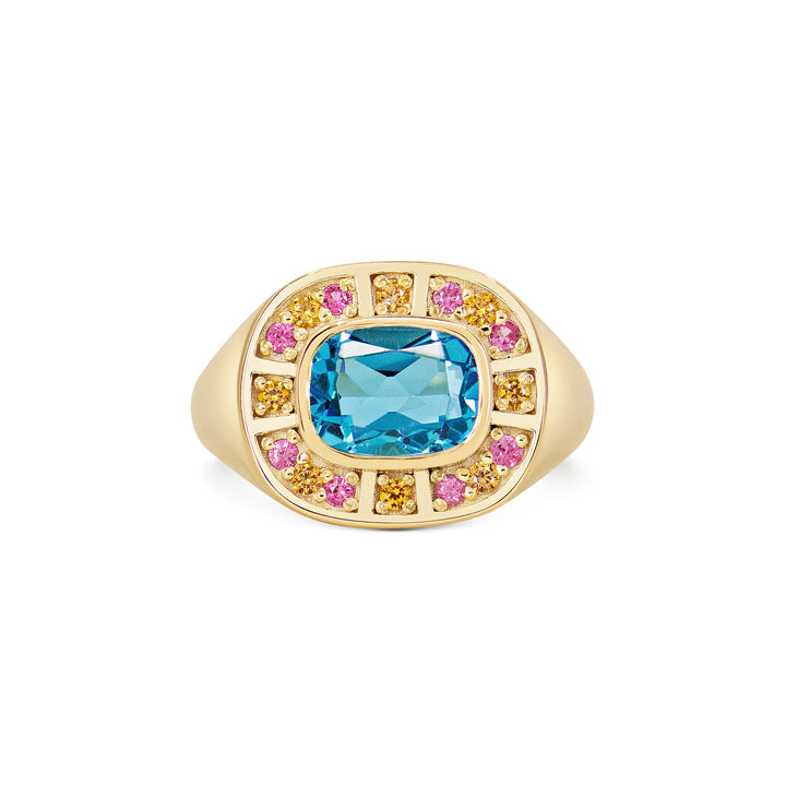 Sunray Halo Signet Ring - Swiss Blue Topaz with Blush Surround