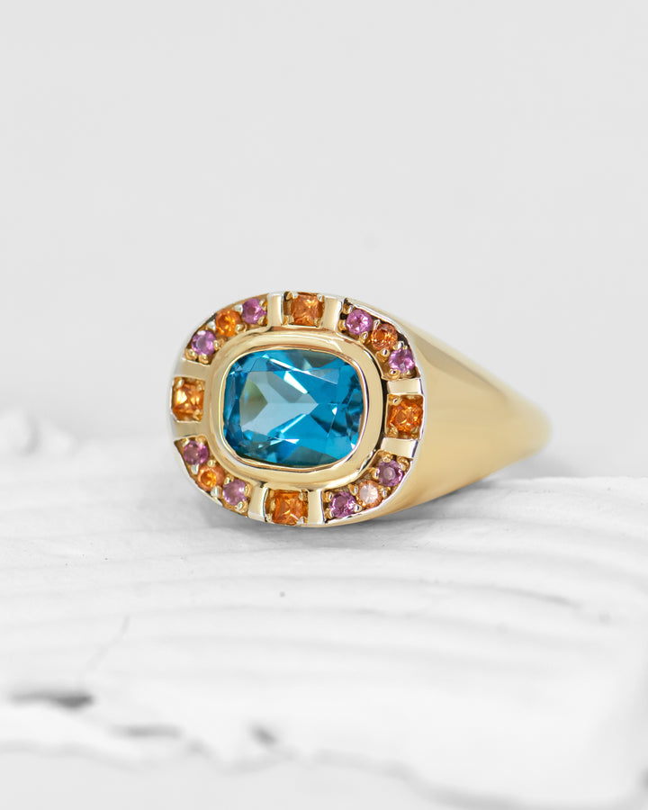 Sunray Halo Signet Ring - Swiss Blue Topaz with Blush Surround