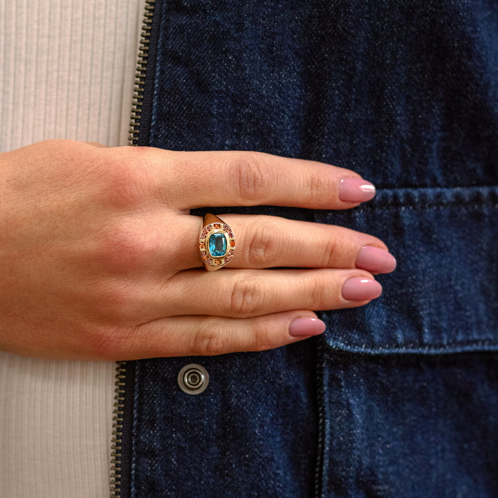 Sunray Halo Signet Ring - Swiss Blue Topaz with Blush Surround