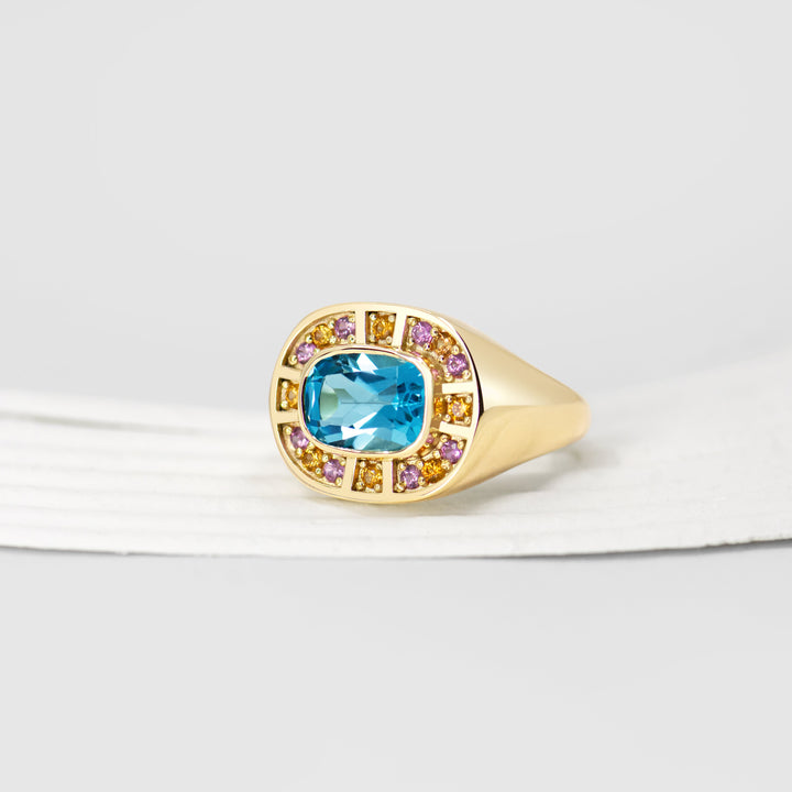 Sunray Halo Signet Ring - Swiss Blue Topaz with Blush Surround