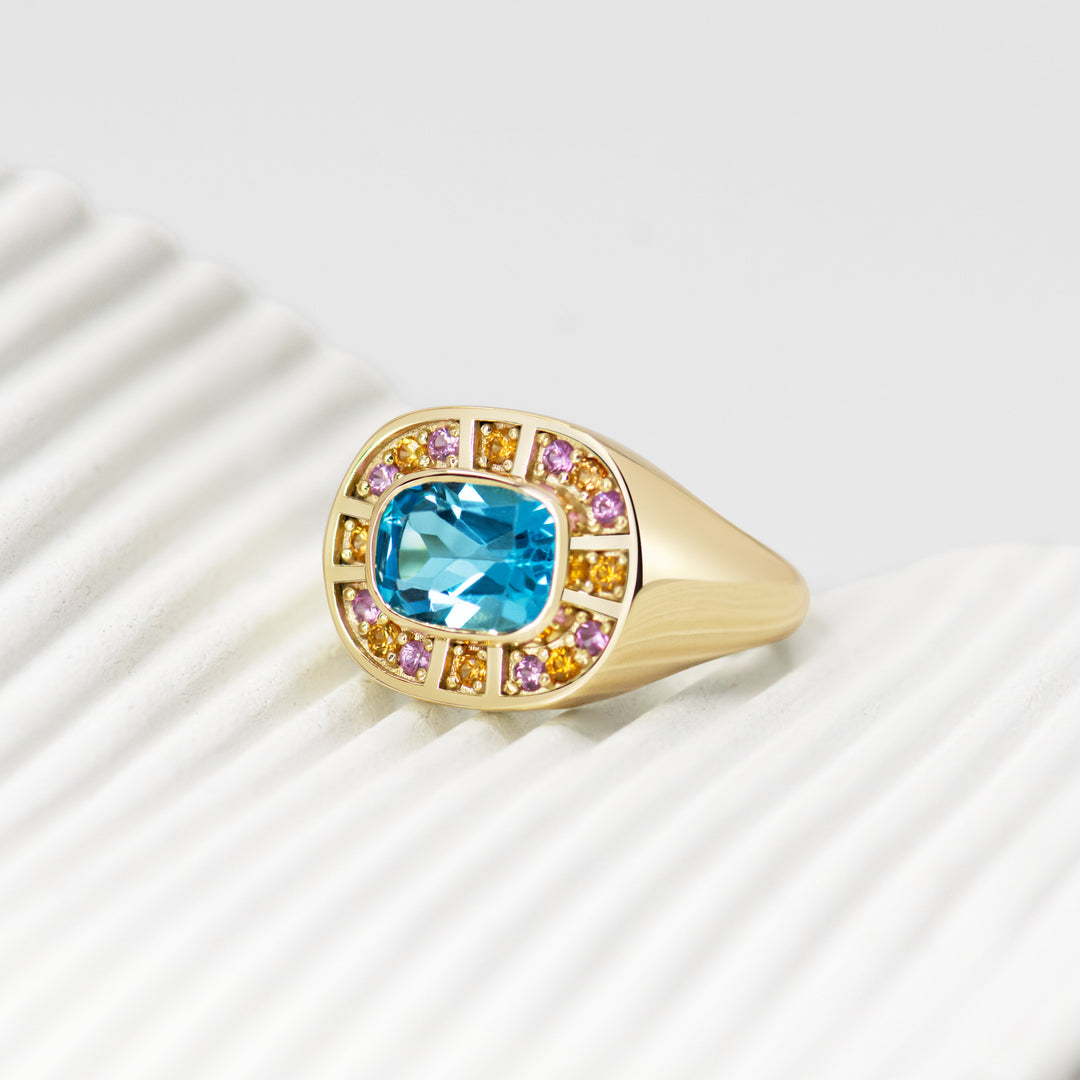 Sunray Halo Signet Ring - Swiss Blue Topaz with Blush Surround