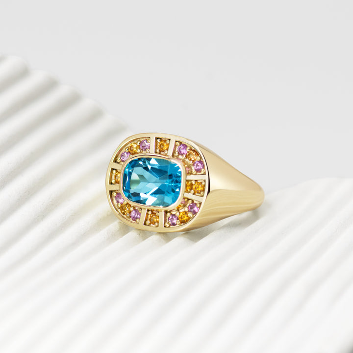 Sunray Halo Signet Ring - Swiss Blue Topaz with Blush Surround