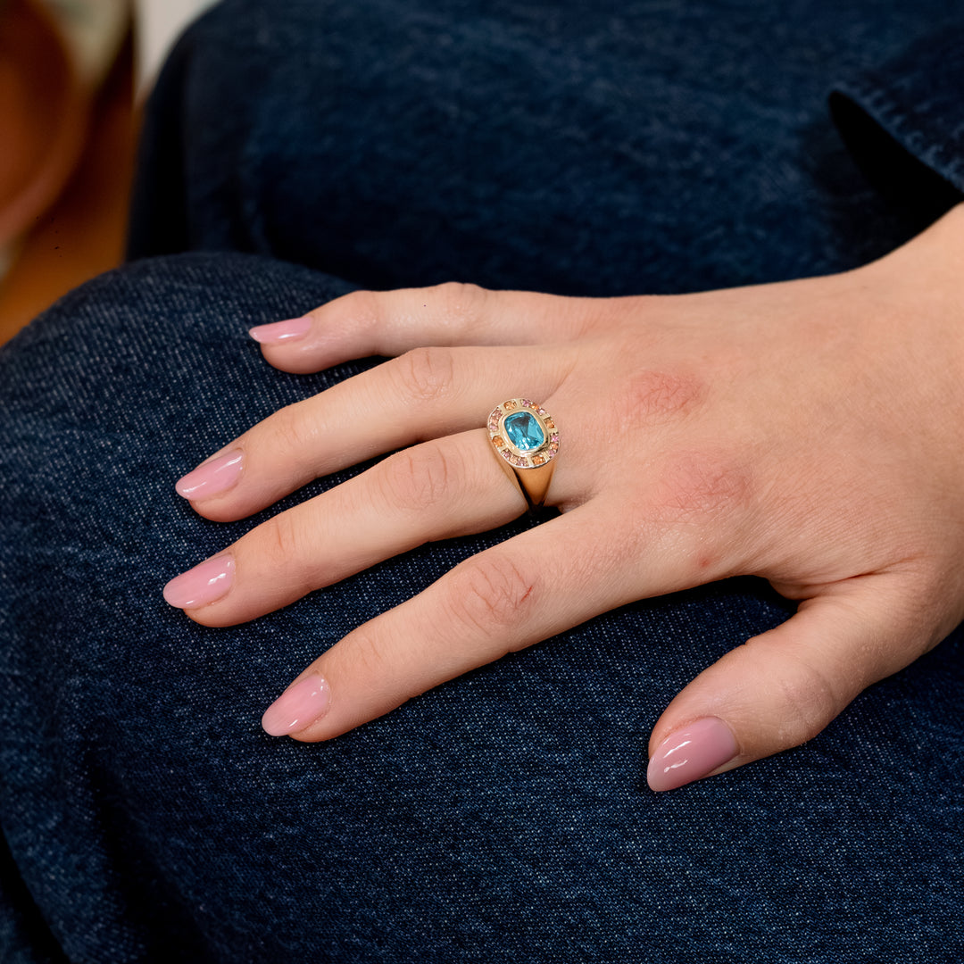 Sunray Halo Signet Ring - Swiss Blue Topaz with Blush Surround