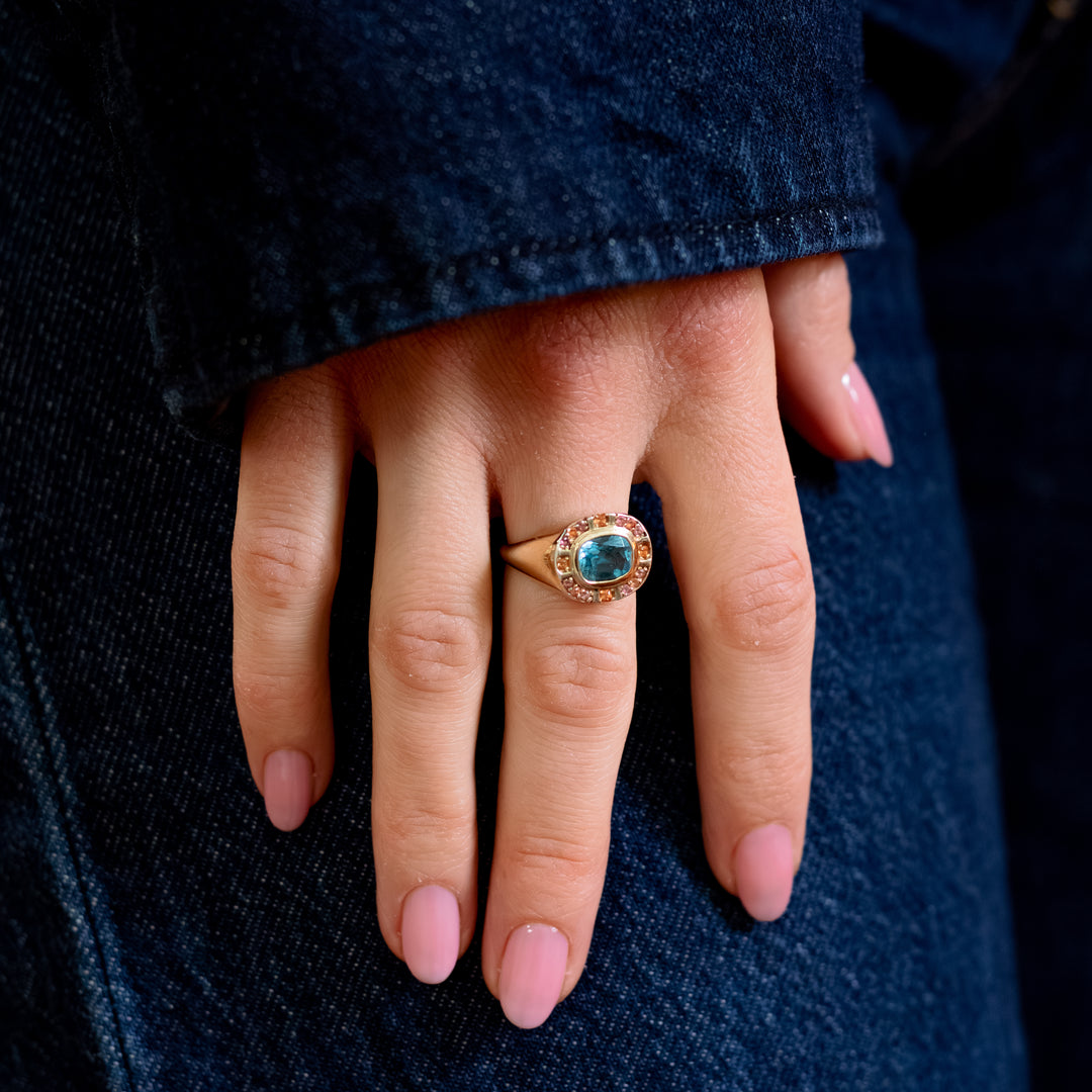 Sunray Halo Signet Ring - Swiss Blue Topaz with Blush Surround