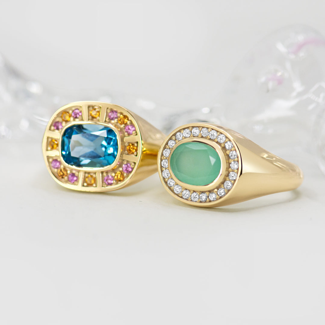 Sunray Halo Signet Ring - Swiss Blue Topaz with Blush Surround