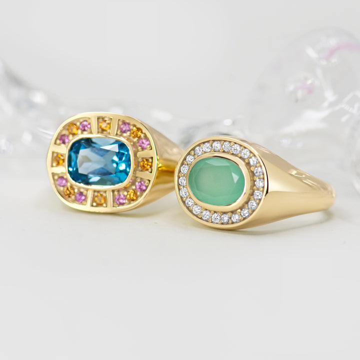 Sunray Halo Signet Ring - Swiss Blue Topaz with Blush Surround