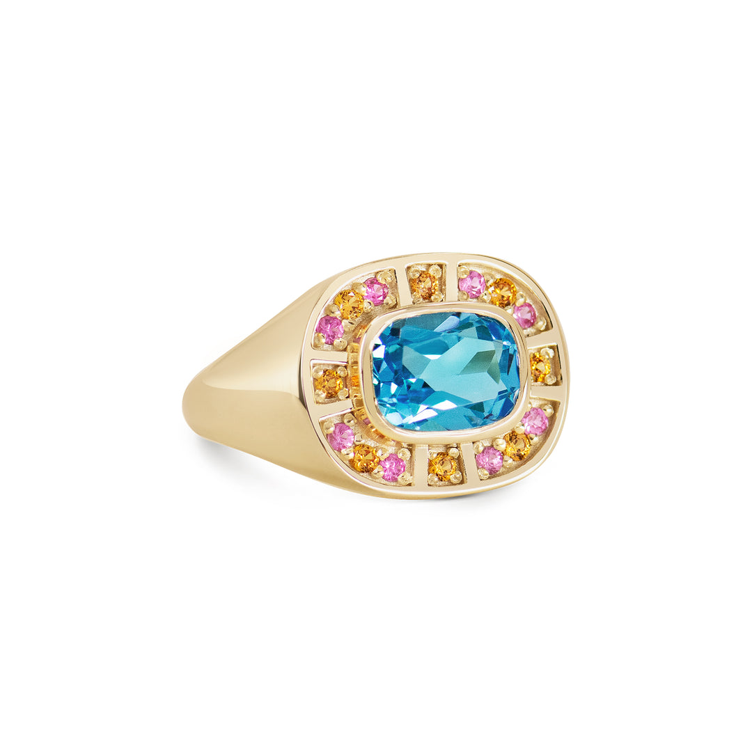 Sunray Halo Signet Ring - Swiss Blue Topaz with Blush Surround