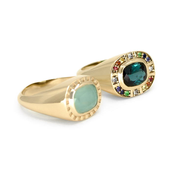 Sunray Halo Signet Ring - Indicolite Tourmaline with Rainbow Surround
