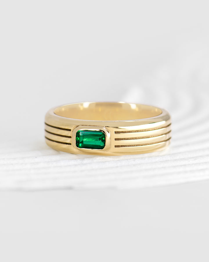 Tri-Grooved Ring with Emerald Cut Stone