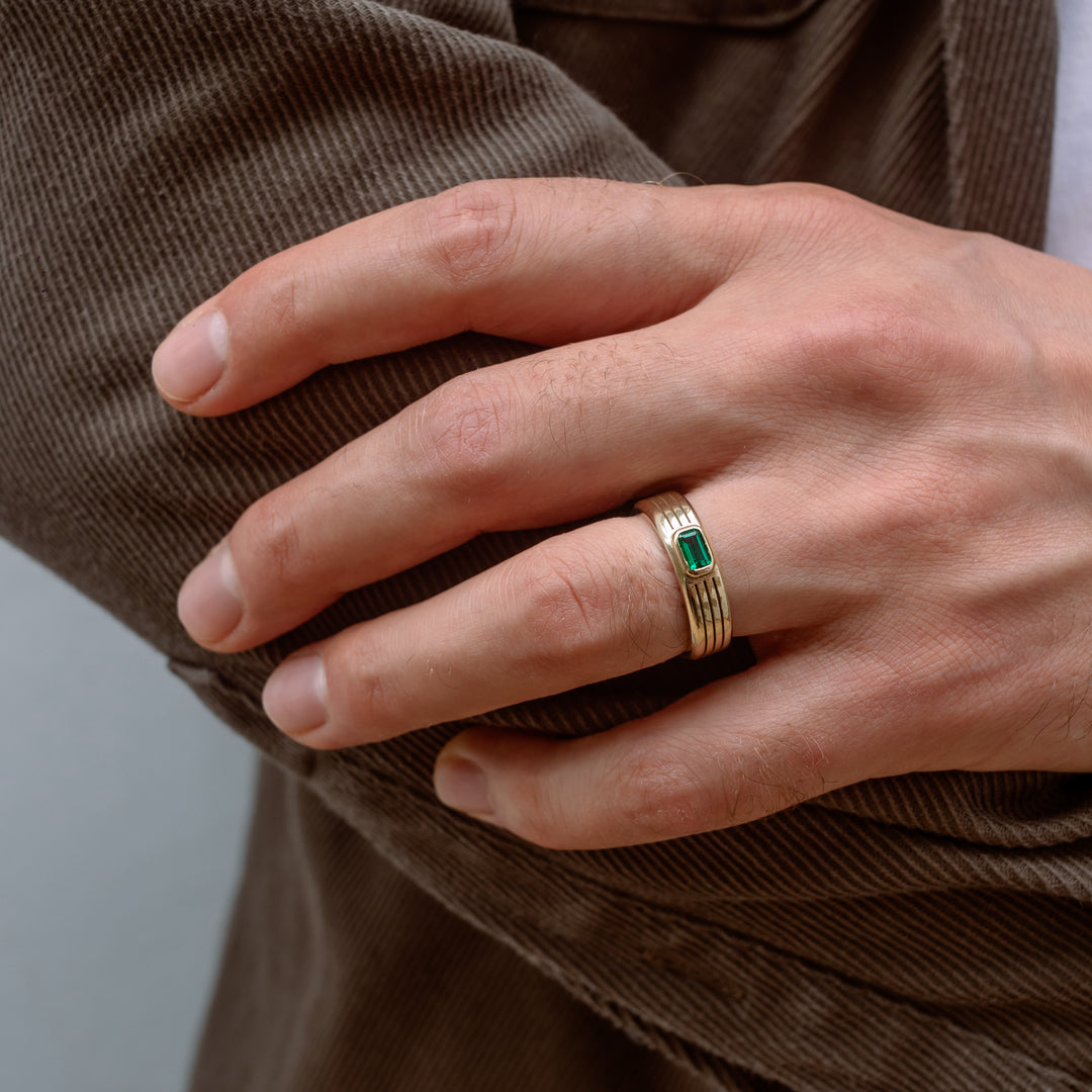 Tri-Groove Ring with Emerald Cut Stone