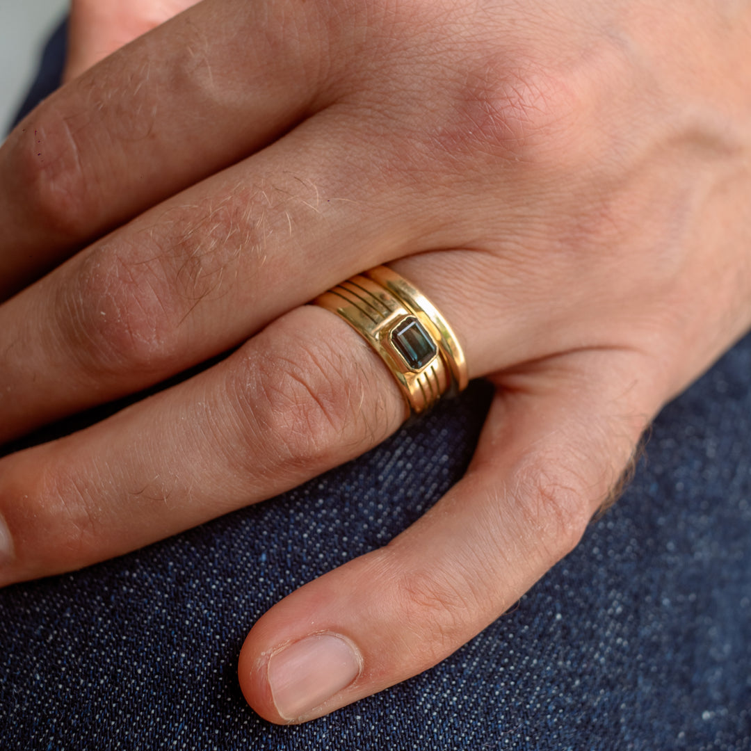 Tri-Groove Ring with Emerald Cut Stone