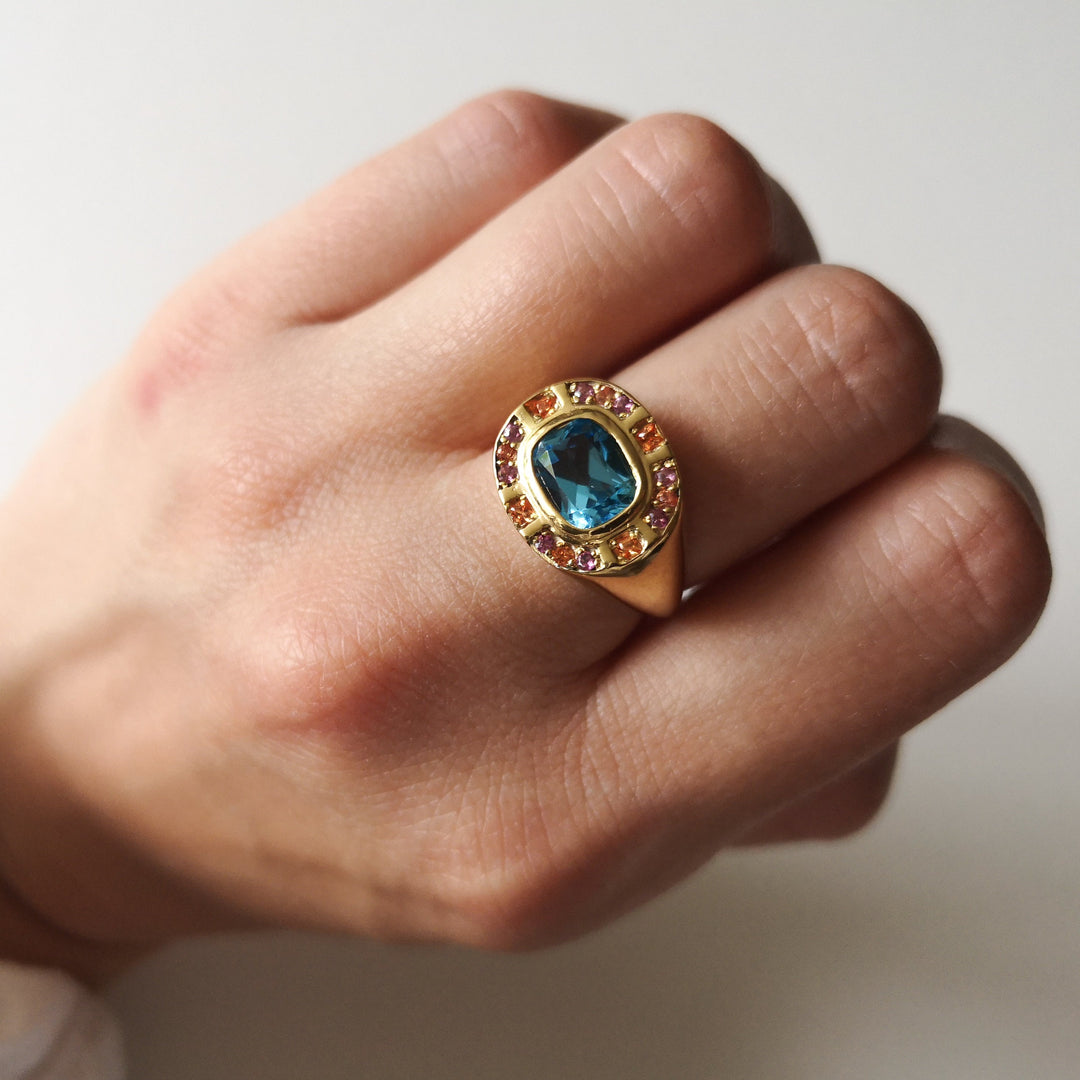 Sunray Halo Signet Ring - Swiss Blue Topaz with Blush Surround