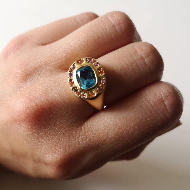 Sunray Halo Signet Ring - Swiss Blue Topaz with Blush Surround