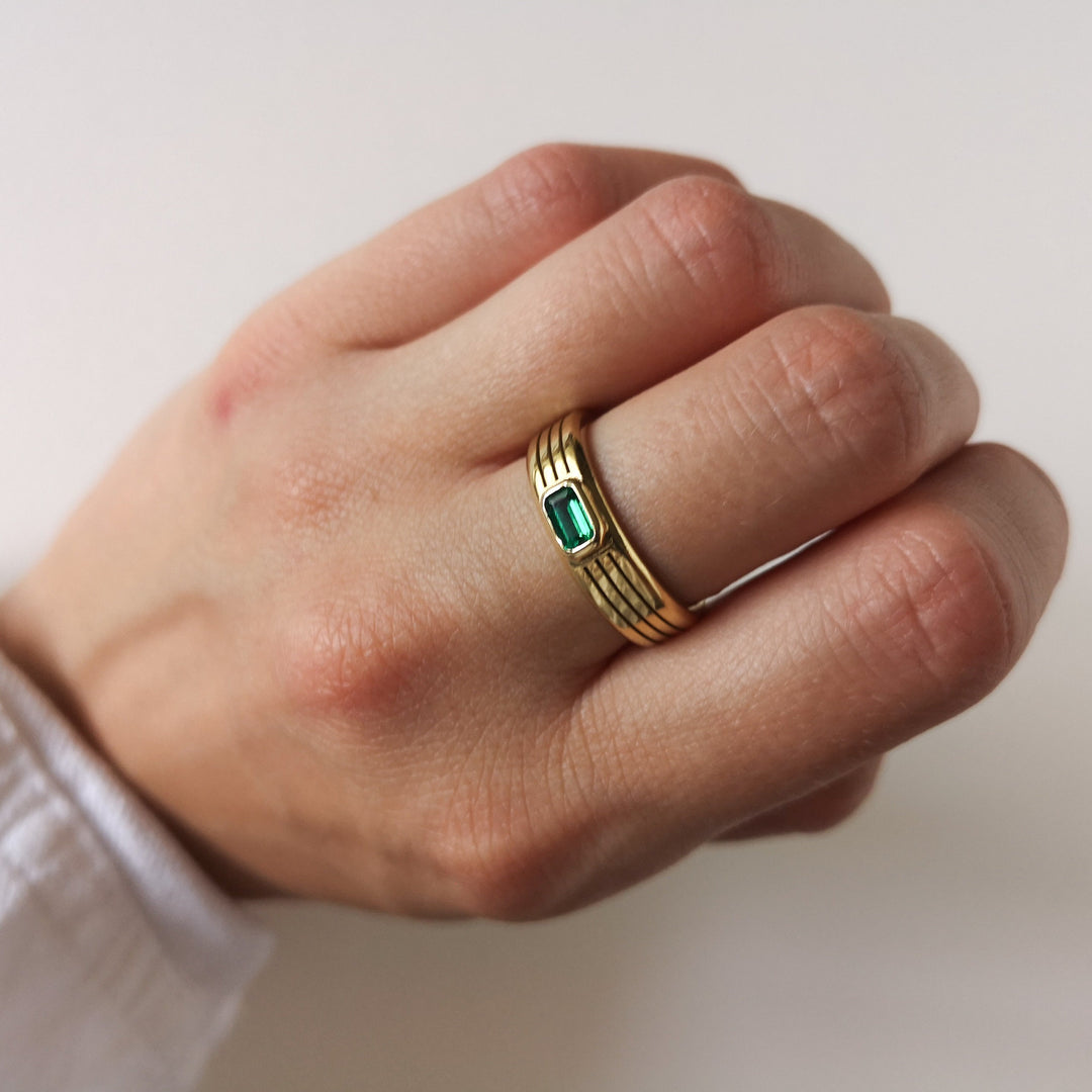 Tri-Grooved Ring with Emerald Cut Stone