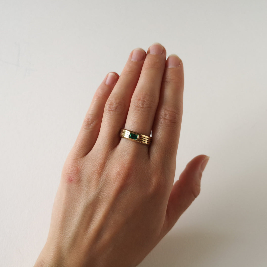 Tri-Grooved Ring with Emerald Cut Stone