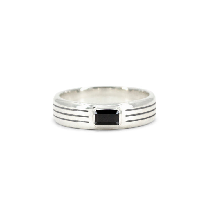 Tri-Grooved Ring with Emerald Cut Stone