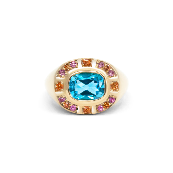 Sunray Halo Signet Ring - Swiss Blue Topaz with Blush Surround