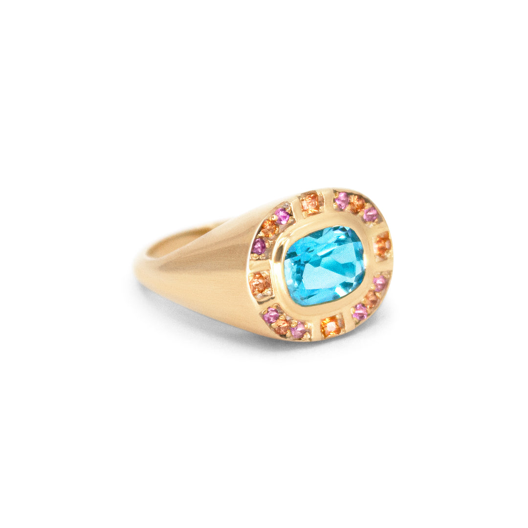 Sunray Halo Signet Ring - Swiss Blue Topaz with Blush Surround