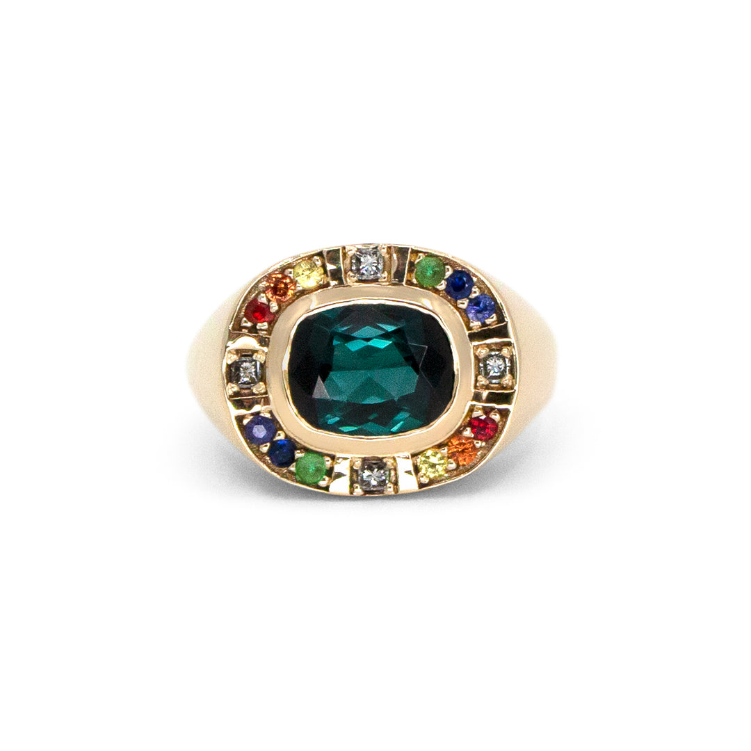 Sunray Halo Signet Ring - Indicolite Tourmaline with Rainbow Surround